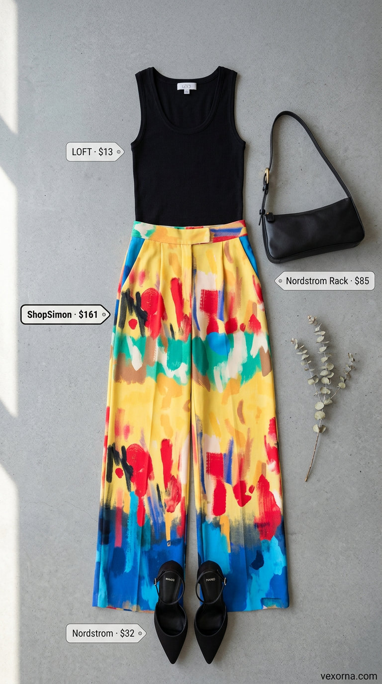 Summer Barcelona Outfits for Women 2026: Printed wide-leg pants, black top, and heels for an art gallery opening.