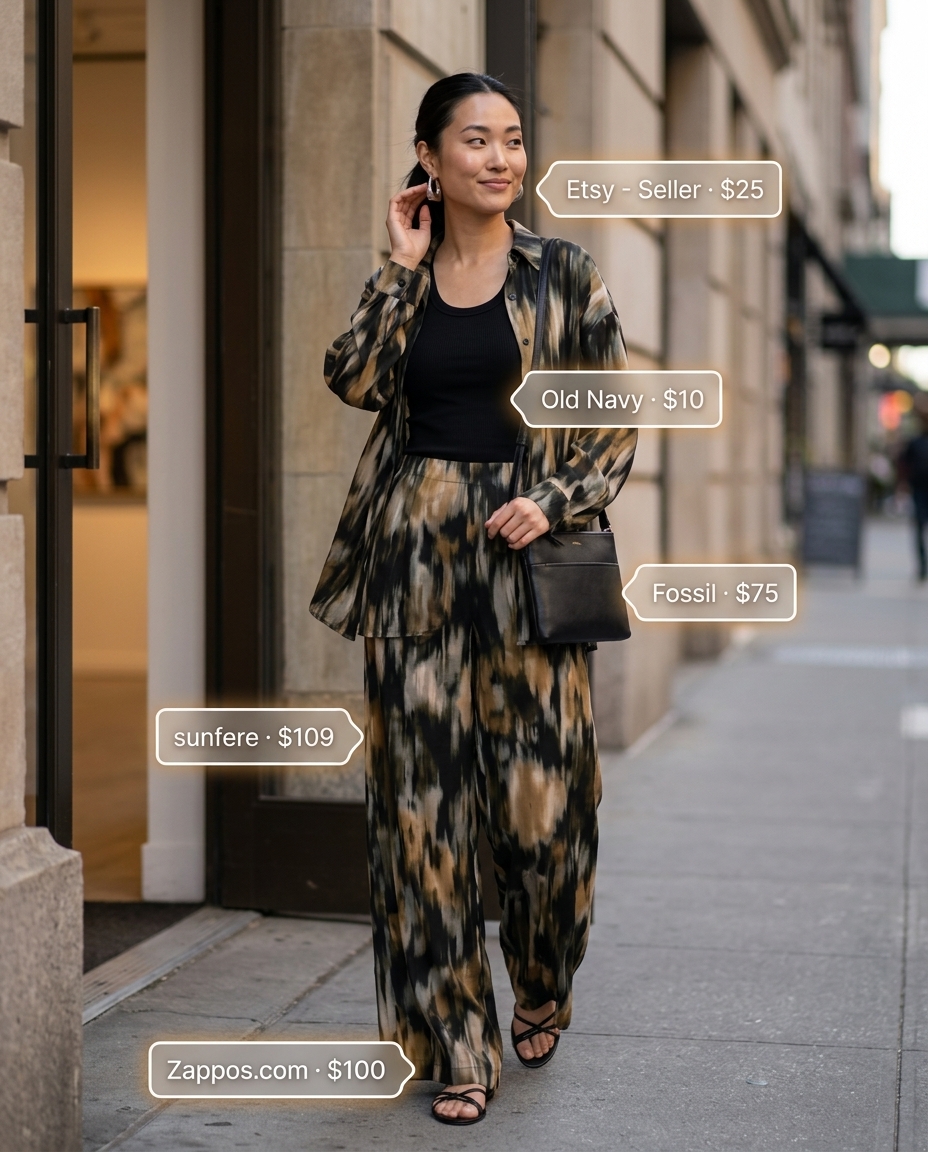 Summer Barcelona Outfits for Women 2026: Multicolor printed pants, black top, silver earrings for a stylish day out.