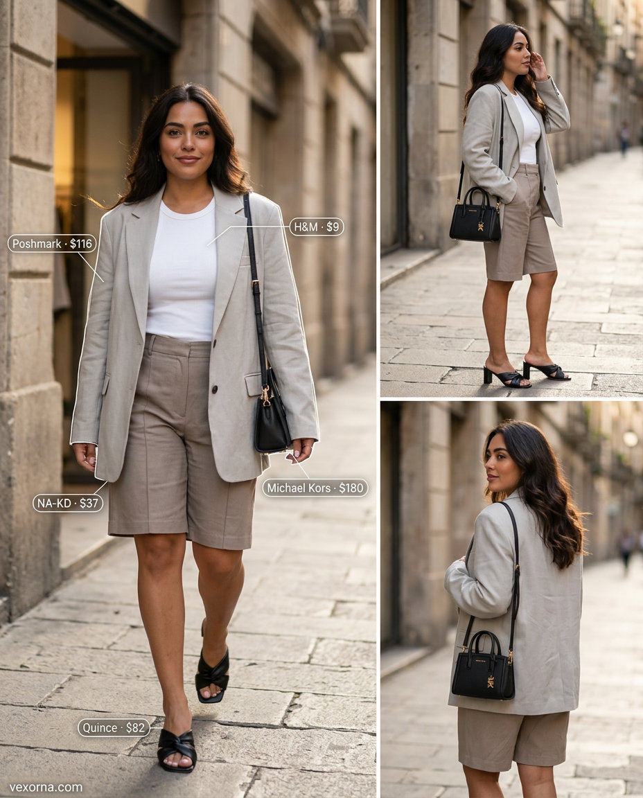 Summer Barcelona Outfits for Women 2026: Beige Bermuda shorts, linen blazer, heeled mules for smart casual.