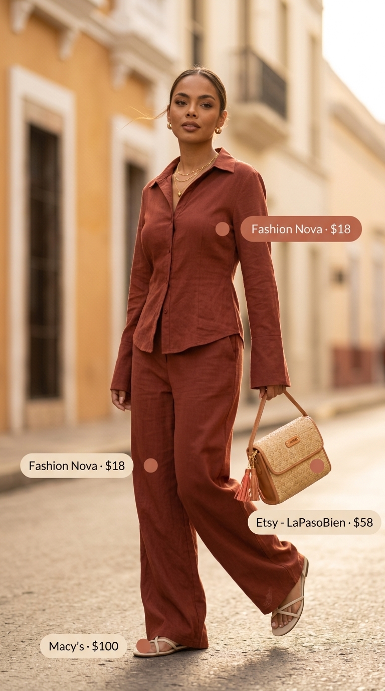 Summer Barcelona Outfits for Women 2026: Terracotta linen set, flat sandals, straw bag for daytime exploration.