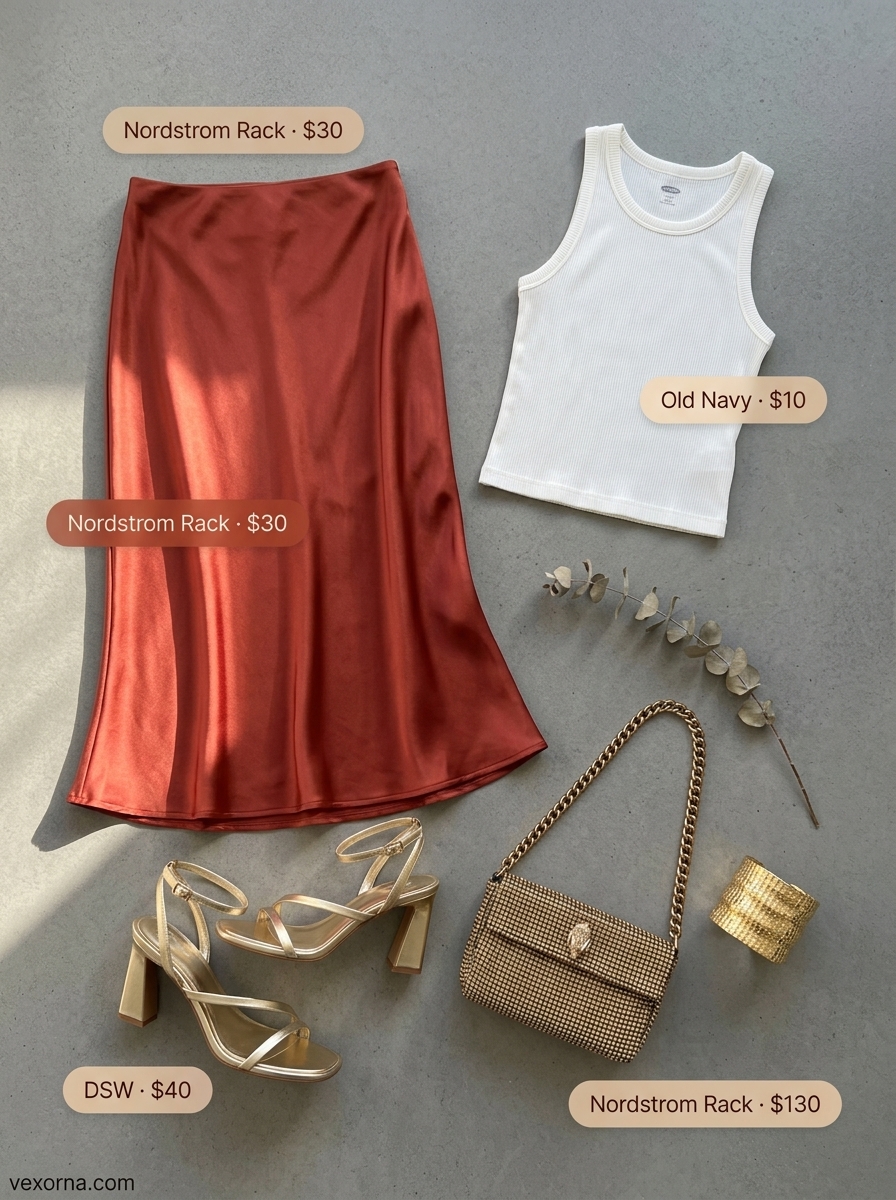 Summer Barcelona Outfits for Women 2026: Terracotta satin skirt, white tank, gold sandals for a dinner date.