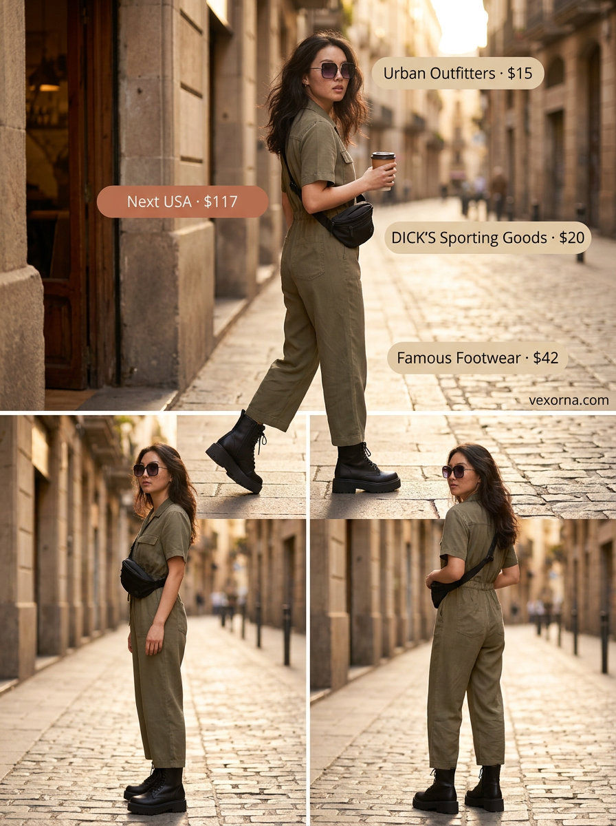 Summer Barcelona Outfits for Women 2026: Khaki utility jumpsuit, combat boots for active sightseeing.