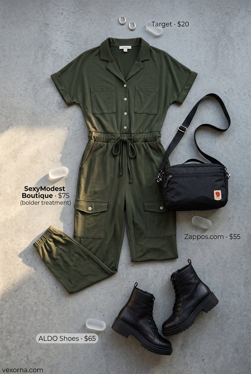 Summer Barcelona Outfits for Women 2026: Olive green utility jumpsuit, combat boots for city exploration.