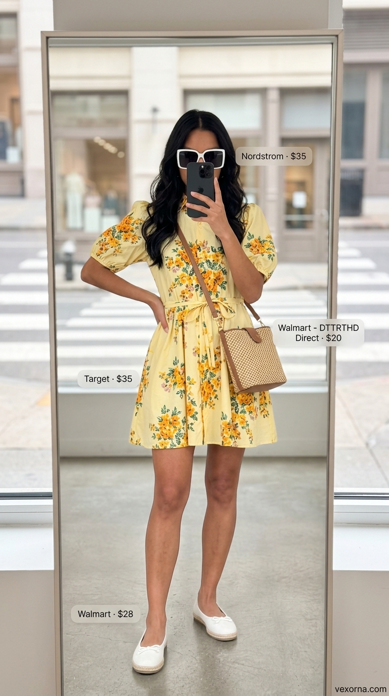 Summer Barcelona Outfits for Women 2026: Yellow floral mini sundress, straw bag, and espadrilles for a casual day out.