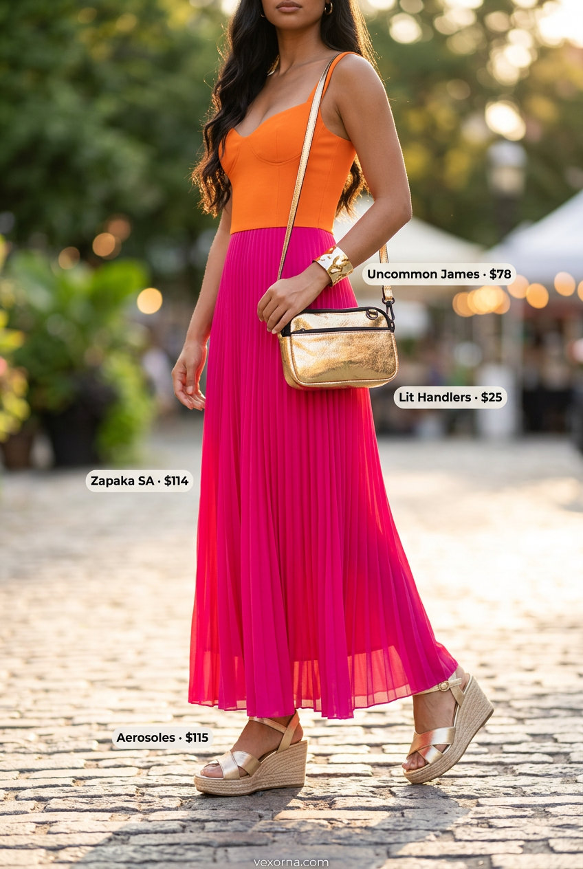 Bold colorblock maxi dress for Summer Dopamine Dressing Outfits 2026. Fuchsia & orange dress for summer parties & vacation dinners.