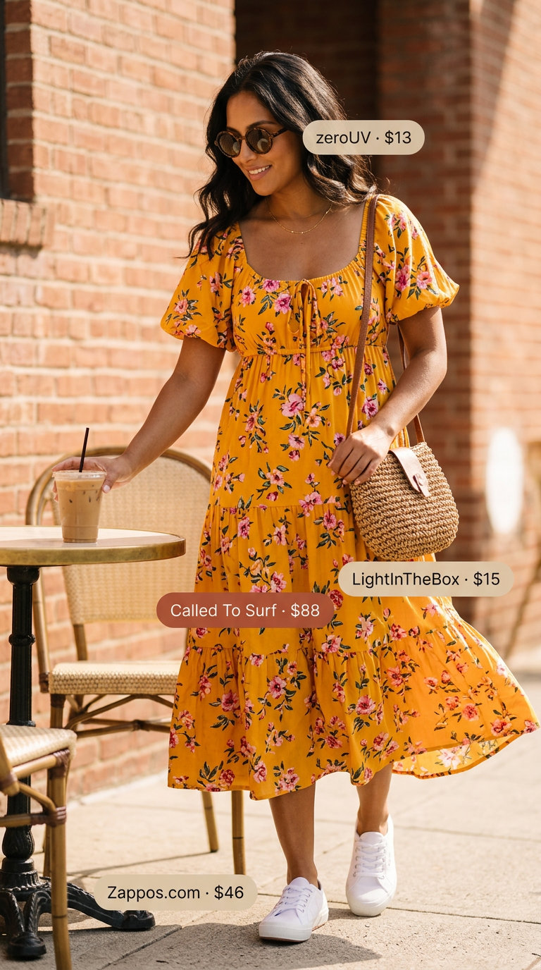 Citrus grove sundress for Summer Dopamine Dressing Outfits 2026. Orange & yellow midi dress for picnics & casual brunch.