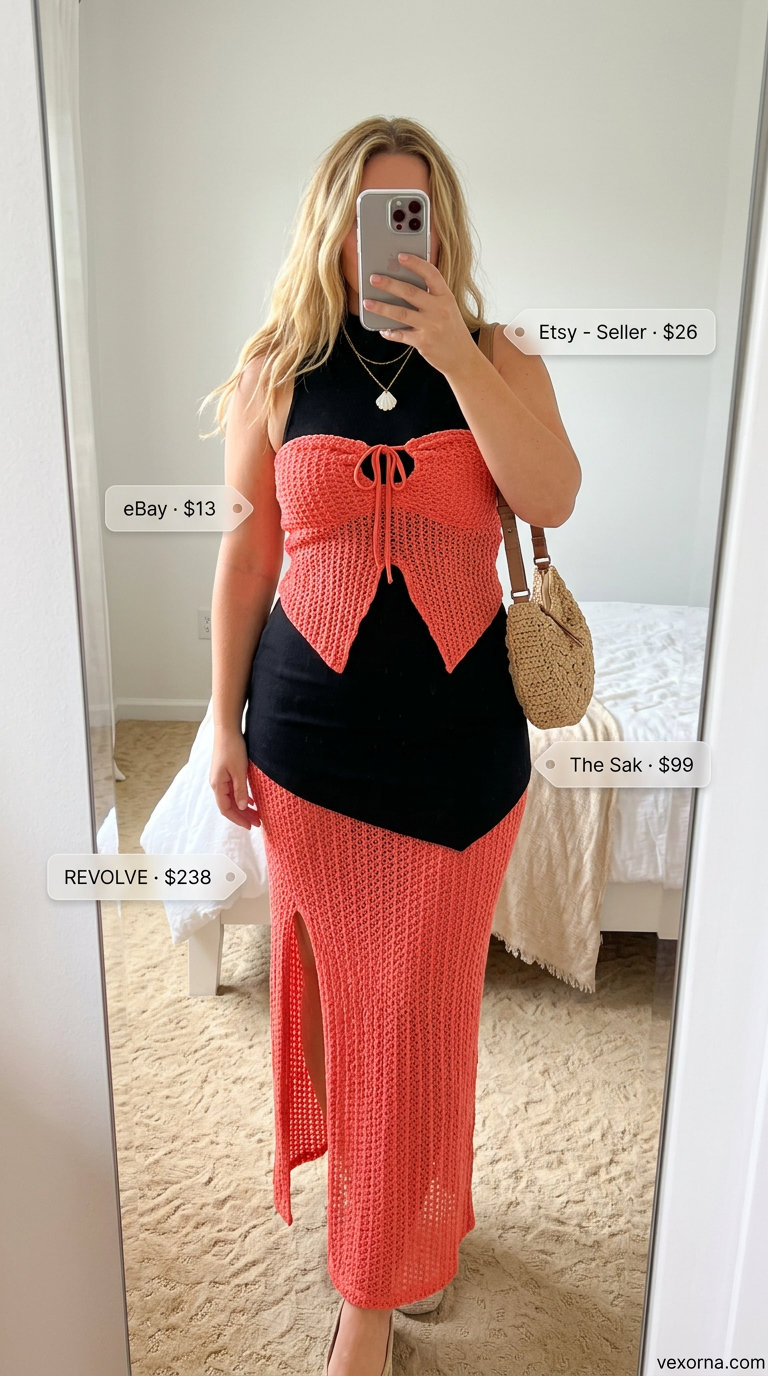 Coral crochet co-ord for Summer Dopamine Dressing Outfits 2026. Beach vacation & festival style with crochet set, sandals, and straw bag.