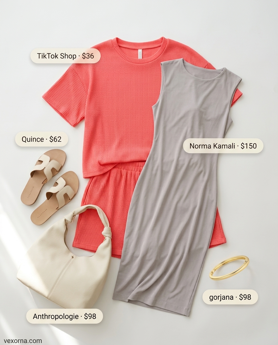 Summer Dopamine Dressing Outfits 2026: Vibrant coral knit set with cream shoulder bag and gold bracelet for comfortable chic.
