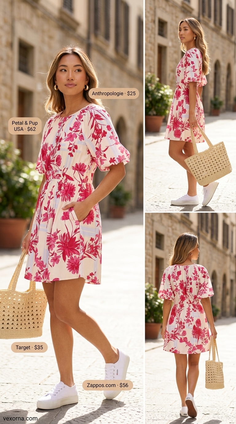 Electric bloom fiesta dress for Summer Dopamine Dressing Outfits 2026. Fuchsia floral mini dress for festivals & parties.