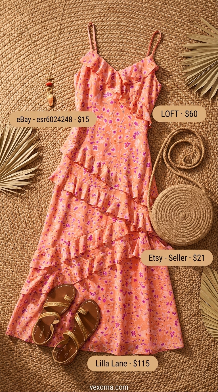 Summer Dopamine Dressing Outfits 2026: Bohemian coral and teal floral maxi dress for vacation.
