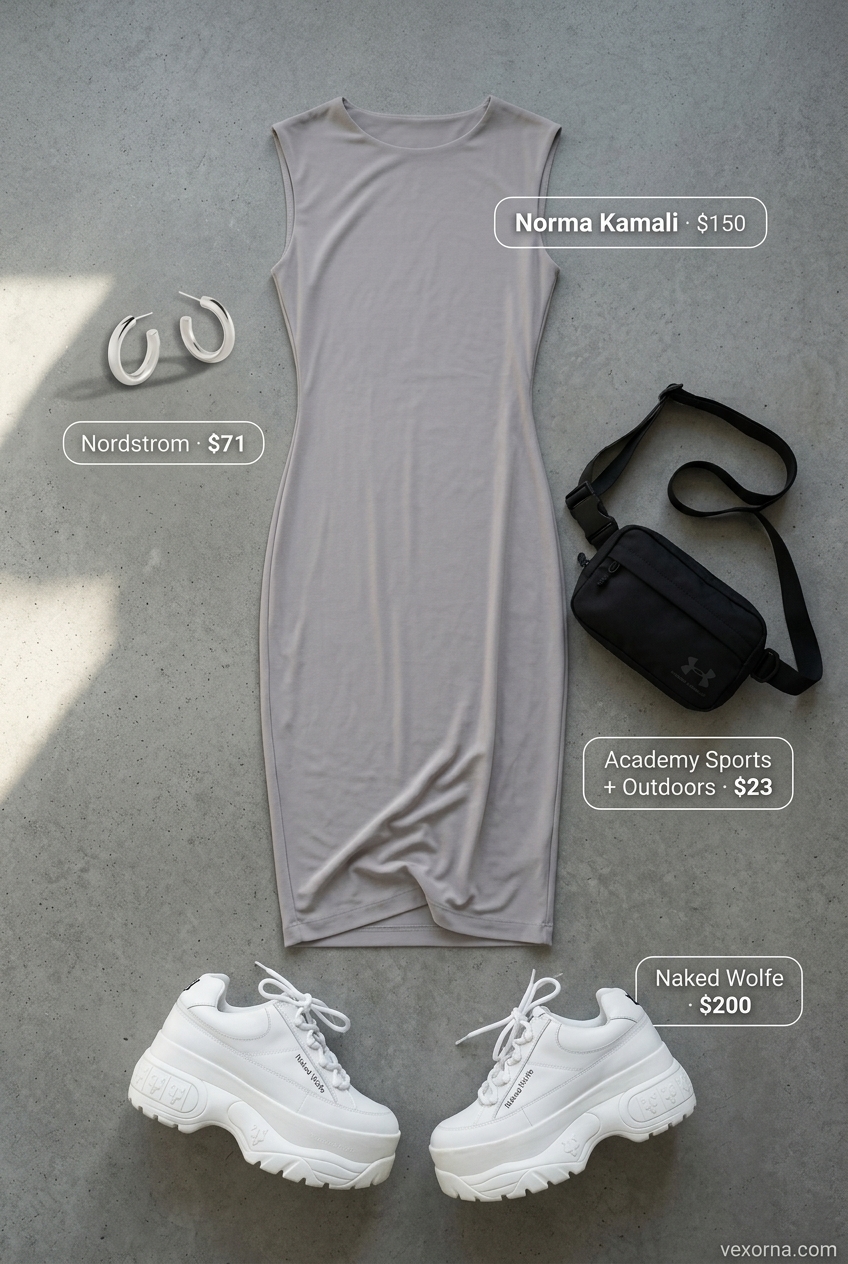 Summer Dopamine Dressing Outfits 2026: Khaki utility jumpsuit with white sneakers and black belt bag for adventurous casual style.