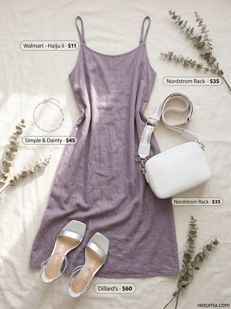 Summer Dopamine Dressing Outfits 2026: Lavender slip skirt paired with a white top and silver sandals.