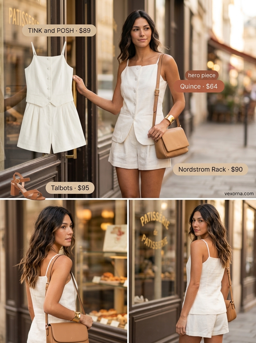 Monochrome linen power set for Summer Dopamine Dressing Outfits 2026. White linen shorts & shirt for smart casual.