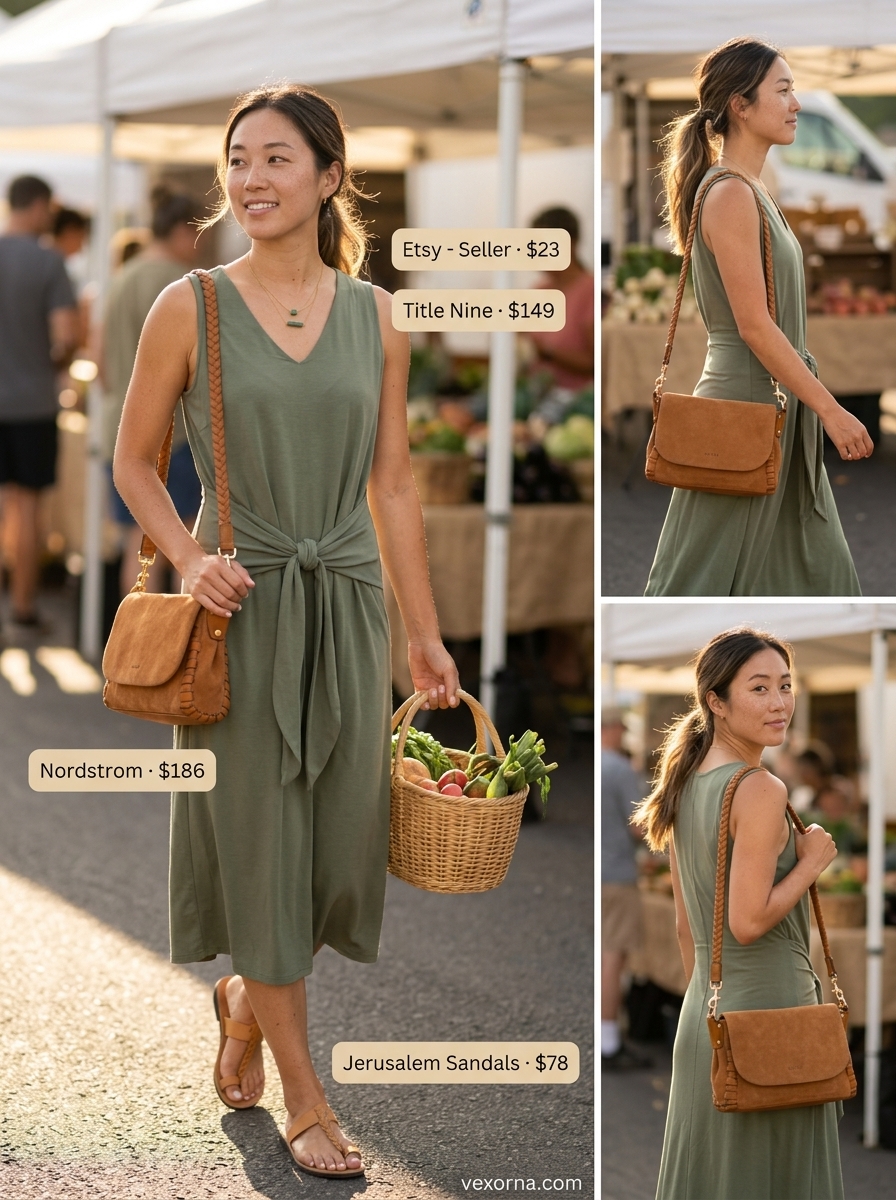 Summer Dopamine Dressing Outfits 2026: Bohemian olive green dress with suede bag and leather sandals for a relaxed market look.