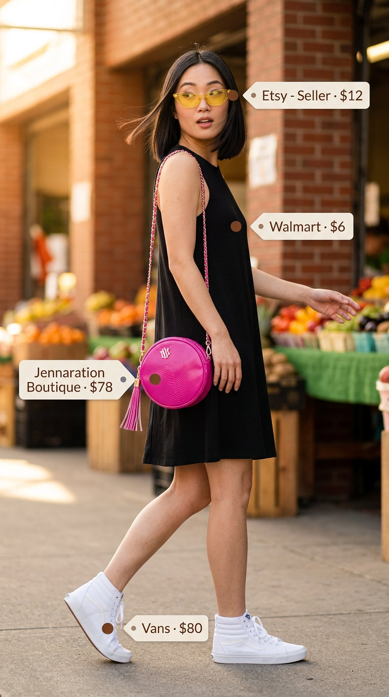 Summer Dopamine Dressing Outfits 2026: Retro denim mini skirt with hot pink bag and white sneakers.