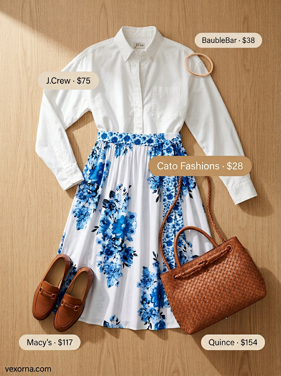 Blue floral midi skirt, white oversized shirt, tan loafers for chic summer floral print outfits 2026 office casual.