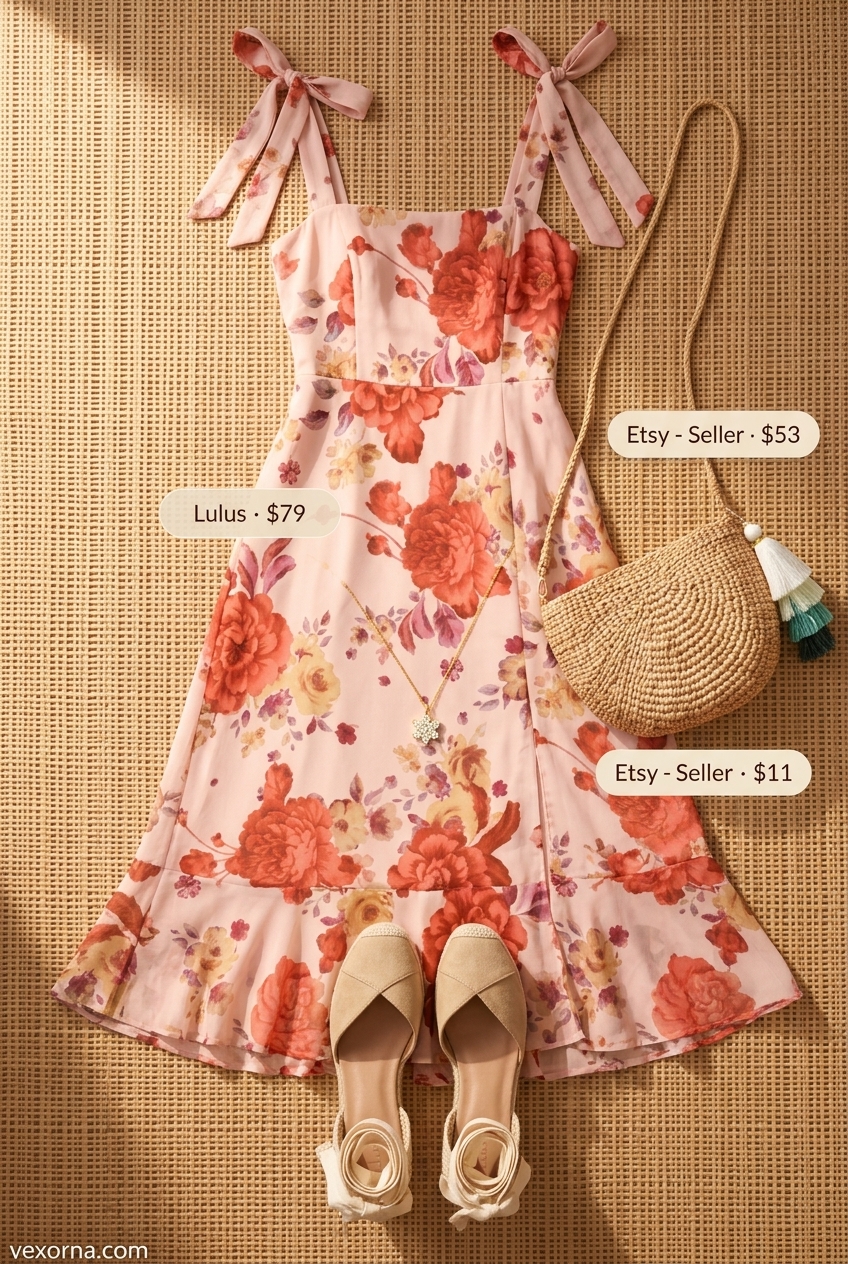 Blush floral linen sundress, cream espadrilles, beige crossbody bag for sweet summer floral print outfits 2026 romance.