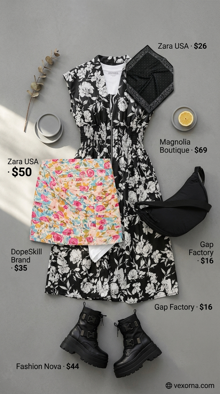 Bright floral mini skirt, graphic tee, combat boots for edgy summer floral print outfits 2026 festival.