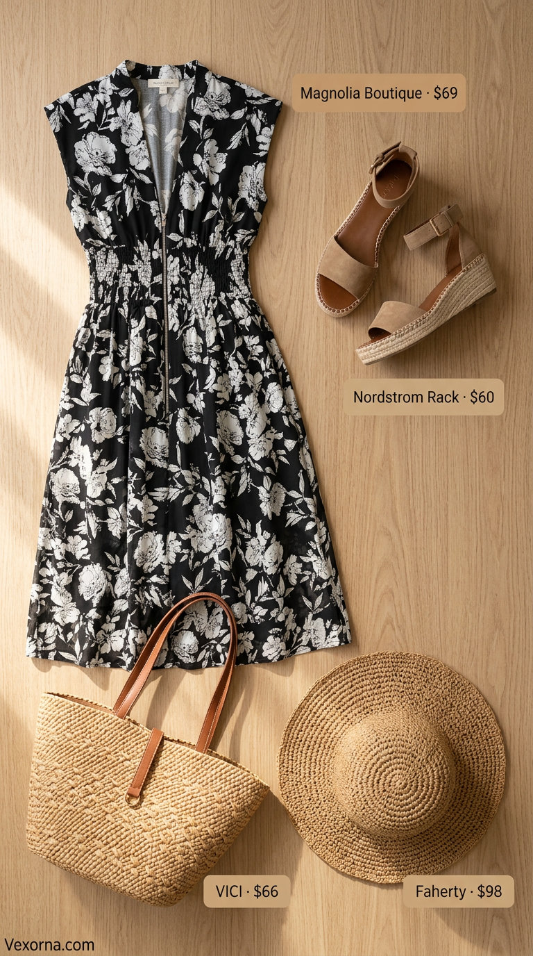Coral floral linen set, straw hat, espadrilles for relaxed summer floral print outfits 2026 beach vacation.