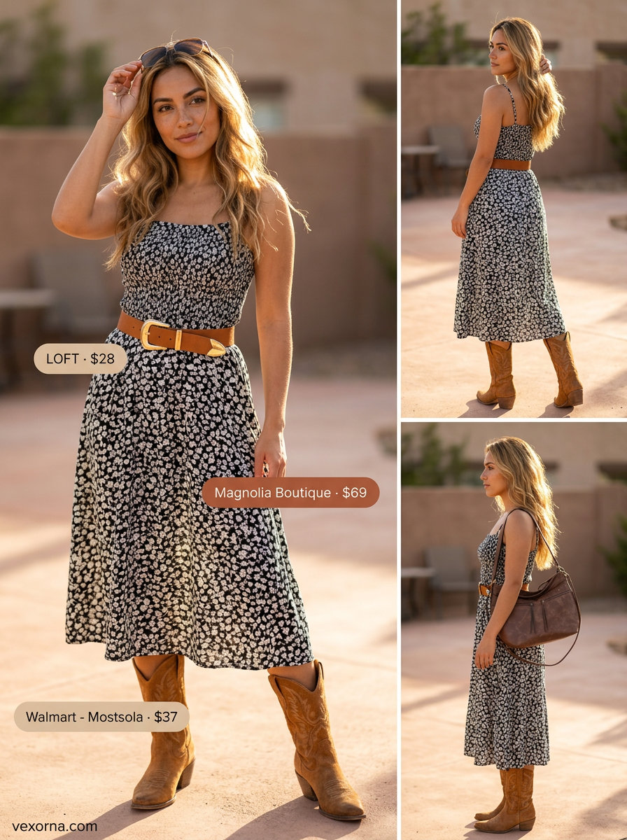 Cream floral midi skirt, white tee, denim jacket, cowboy boots for bohemian summer floral print outfits 2026.