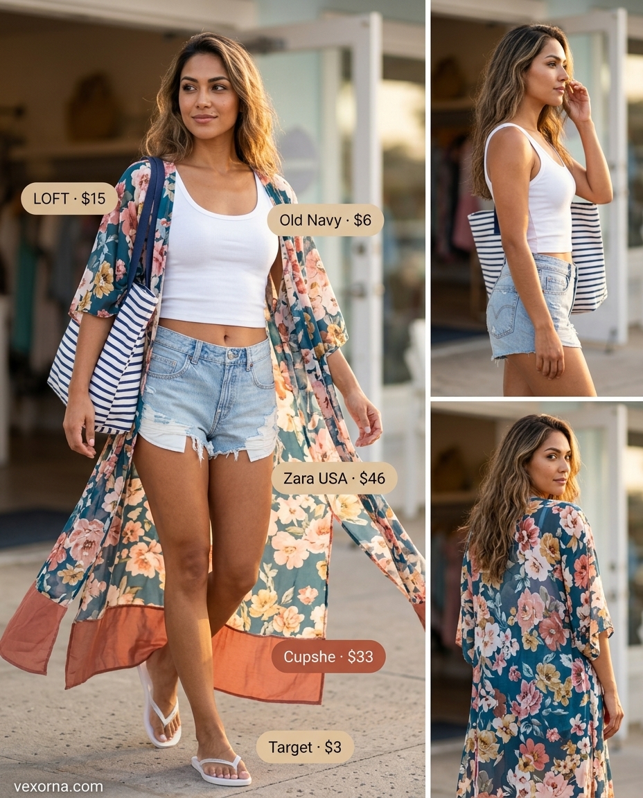 Multi-color floral kimono, white tank, denim shorts for relaxed summer floral print outfits 2026 beach cover-up.