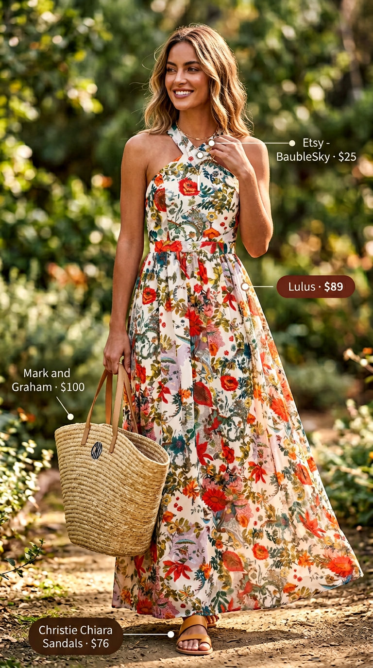 Ethereal Summer floral print outfits for women 2026: Multi-color floral maxi dress, straw tote & flat sandals for garden parties.