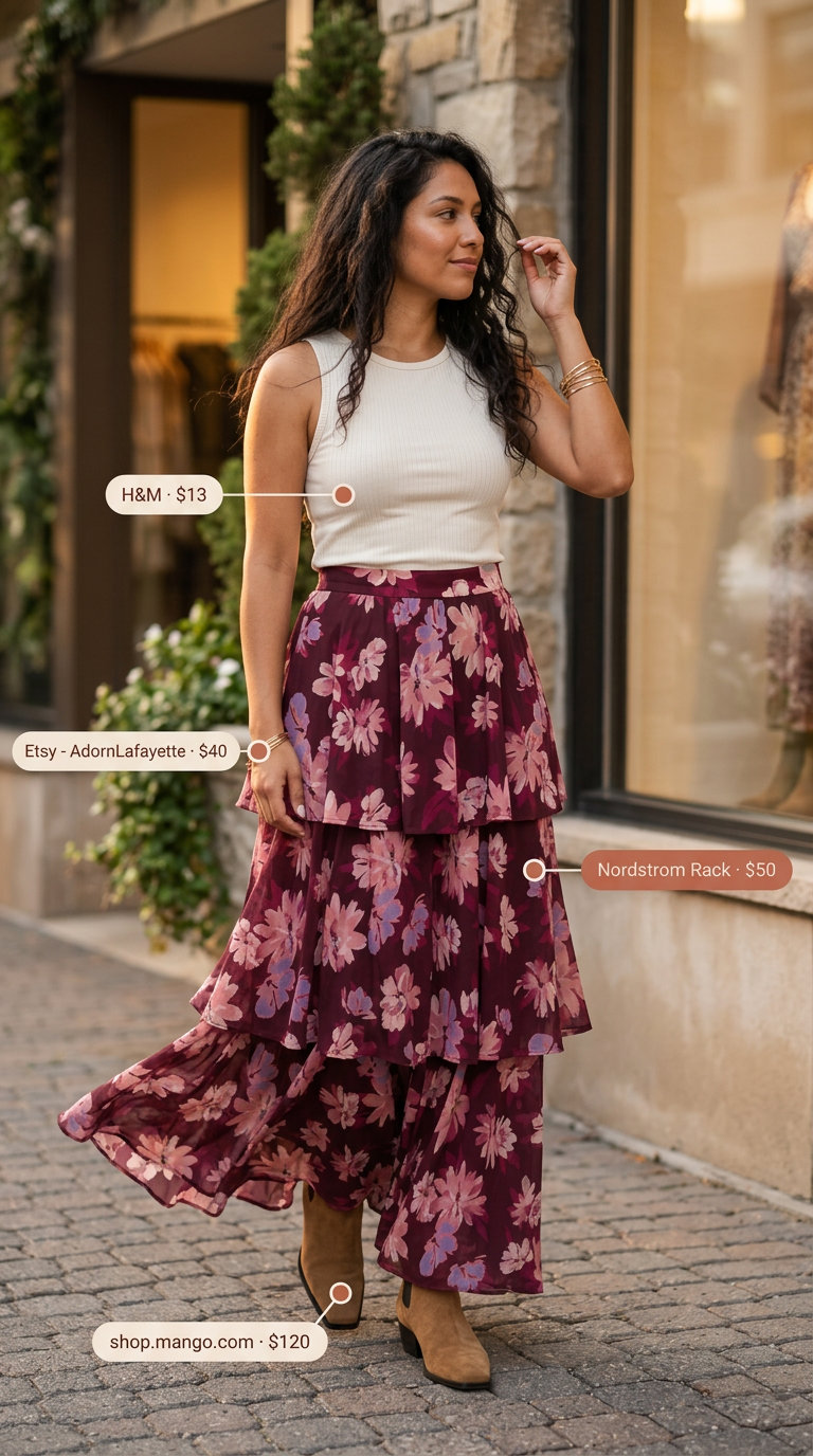 Bohemian Summer floral print outfits for women 2026: Burgundy floral maxi skirt, cream tank, suede boots & fringe bag.