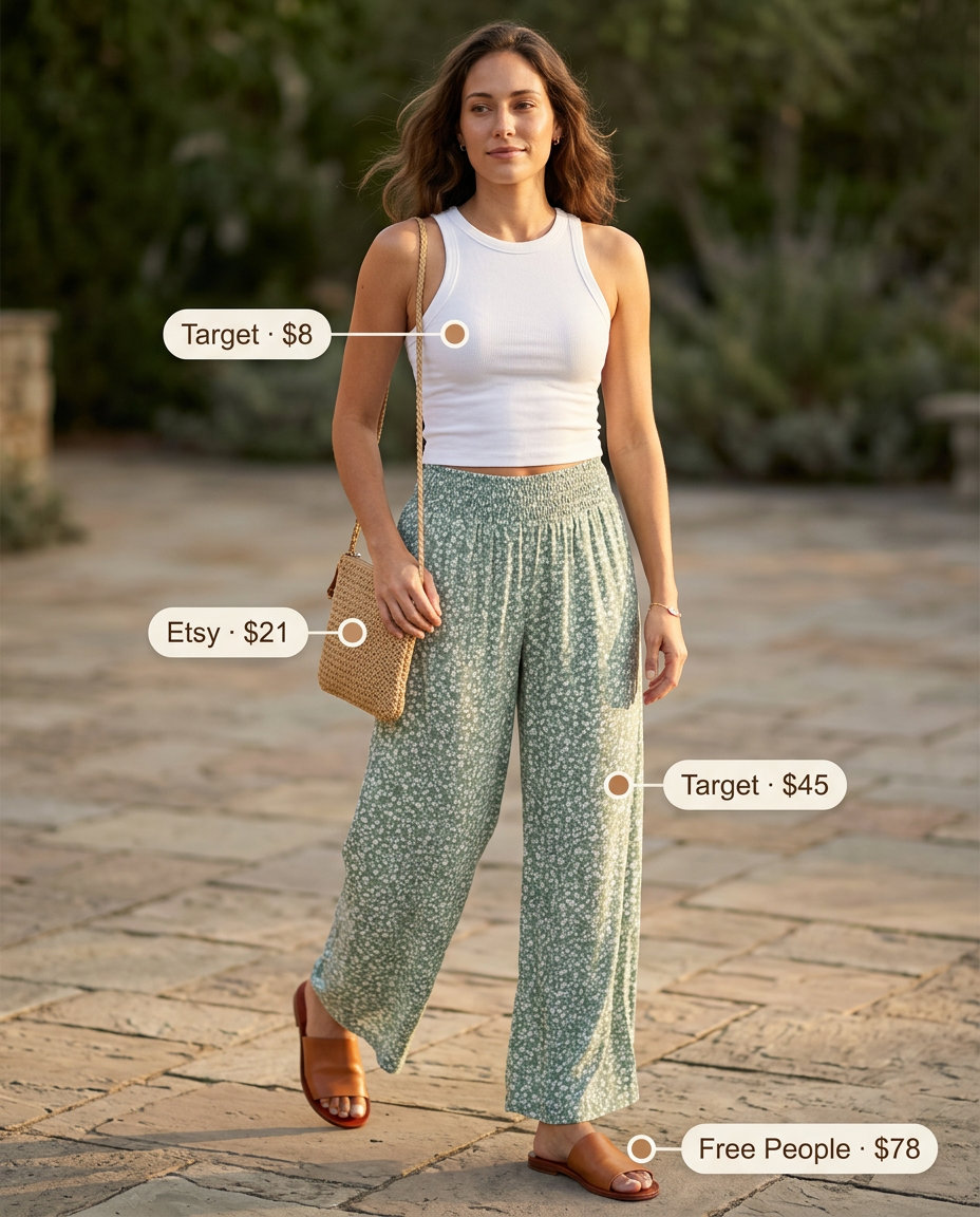 Relaxed Summer floral print outfits for women 2026: Green/white floral wide-leg pants, white tank & straw bag.