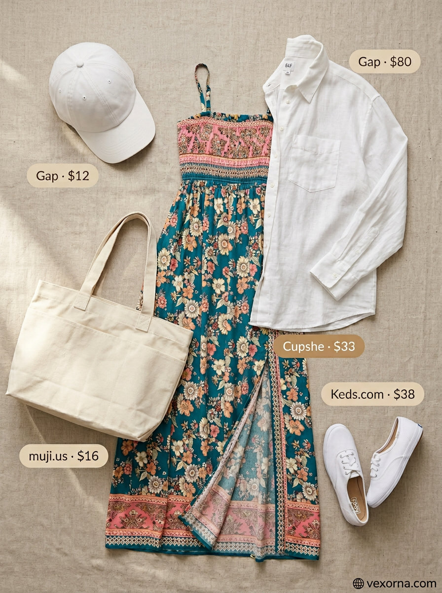 Casual Summer floral print outfits for women 2026: Pastel floral shorts, linen shirt, cap & canvas tote for weekend.