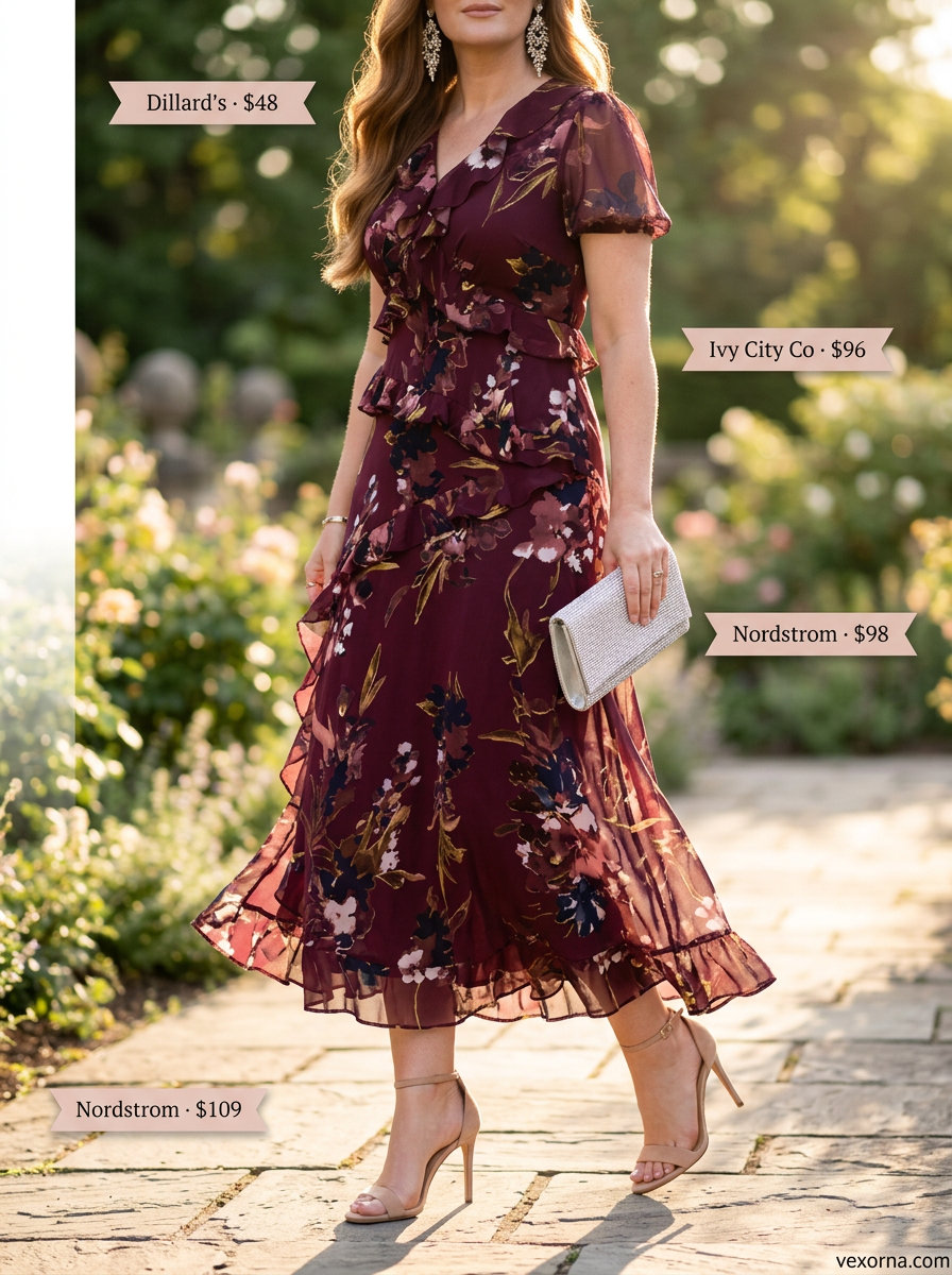 Elegant Summer floral print outfits for women 2026: Deep floral midi dress, nude heels, silver clutch & earrings for wedding guest.