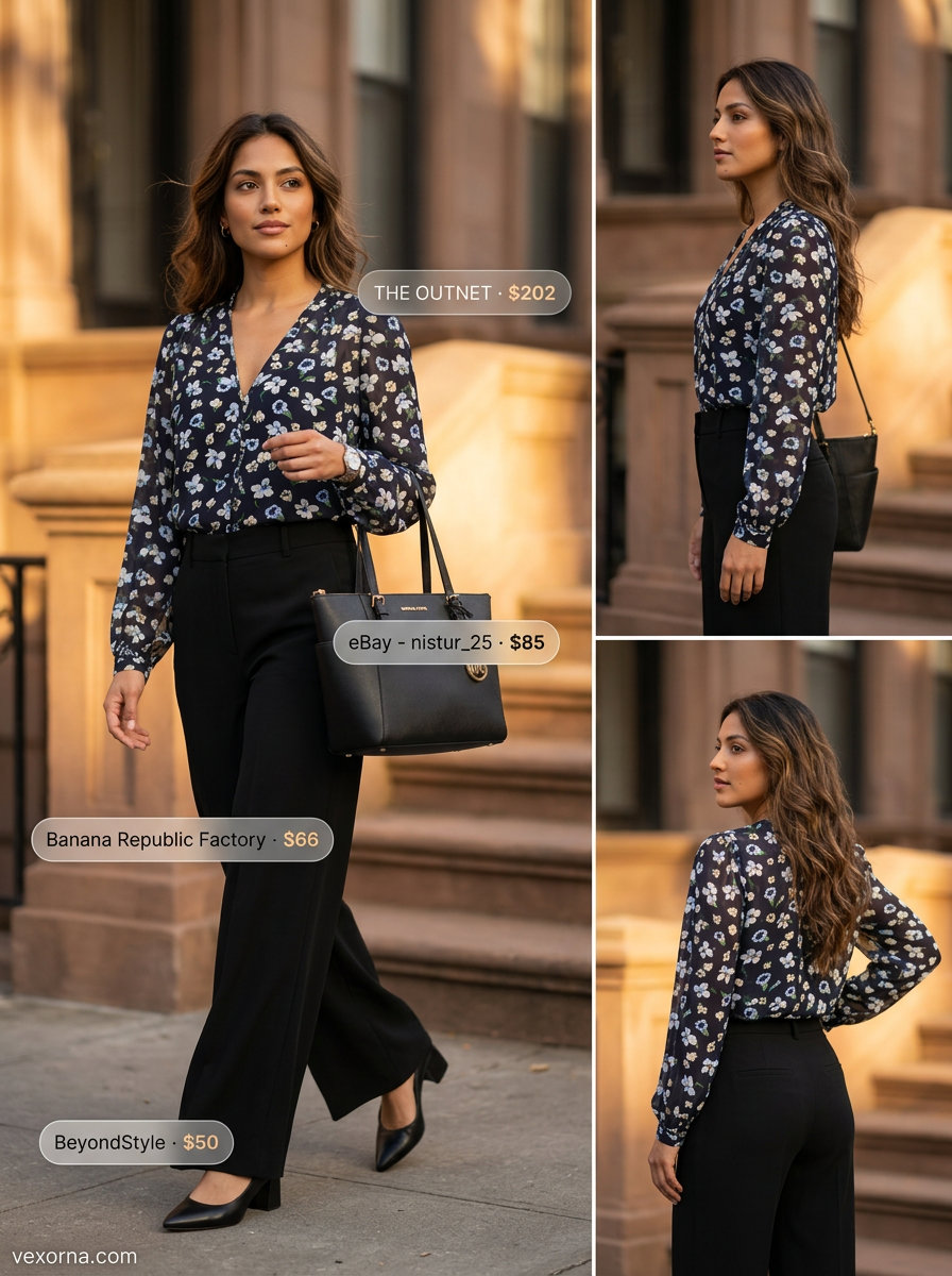 Navy floral silk blouse, black wide-leg trousers, black block heels for professional summer floral print outfits 2026.