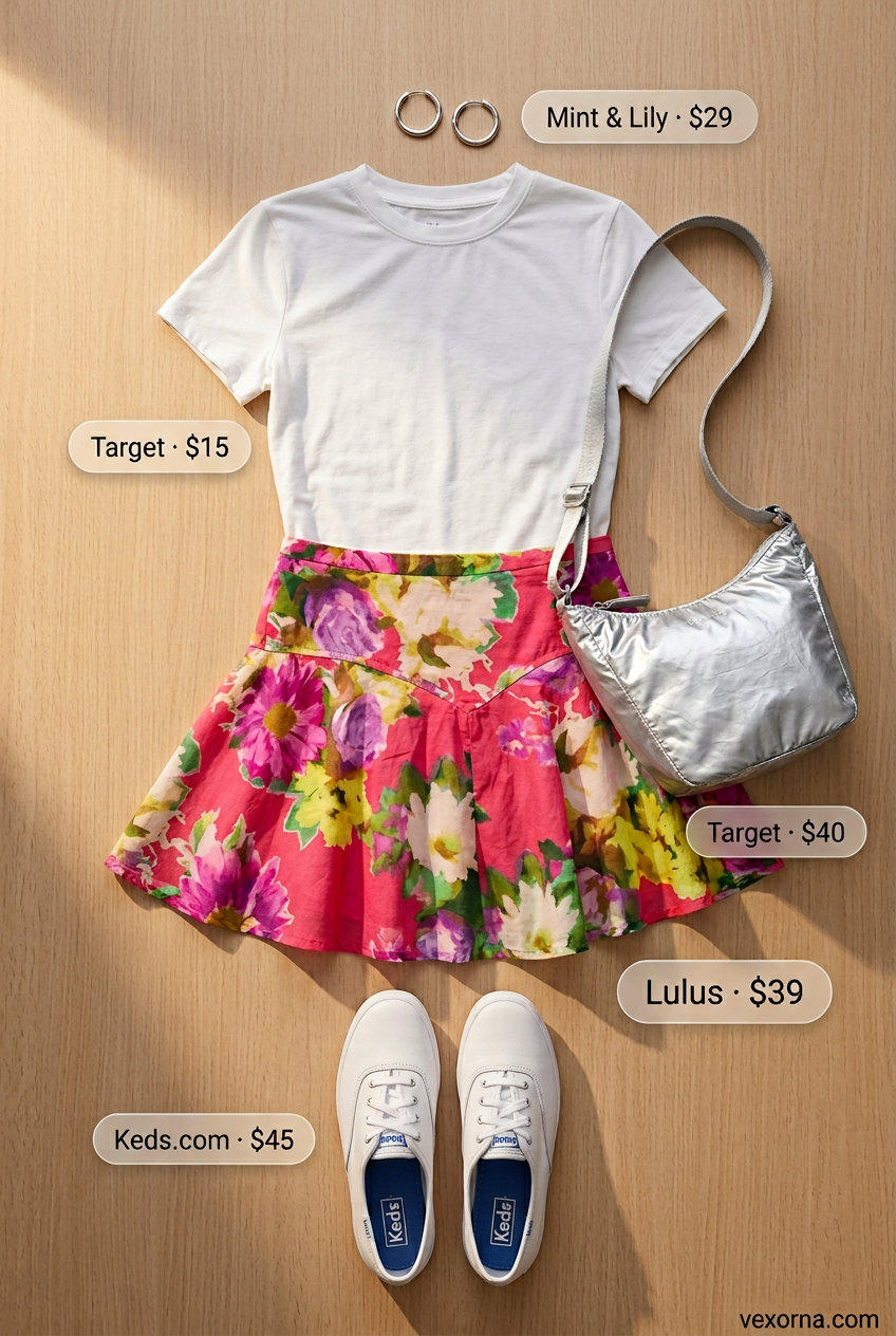 Playful Summer floral print outfits for women 2026: Pink floral mini skirt, white crop top, sneakers & silver crossbody.