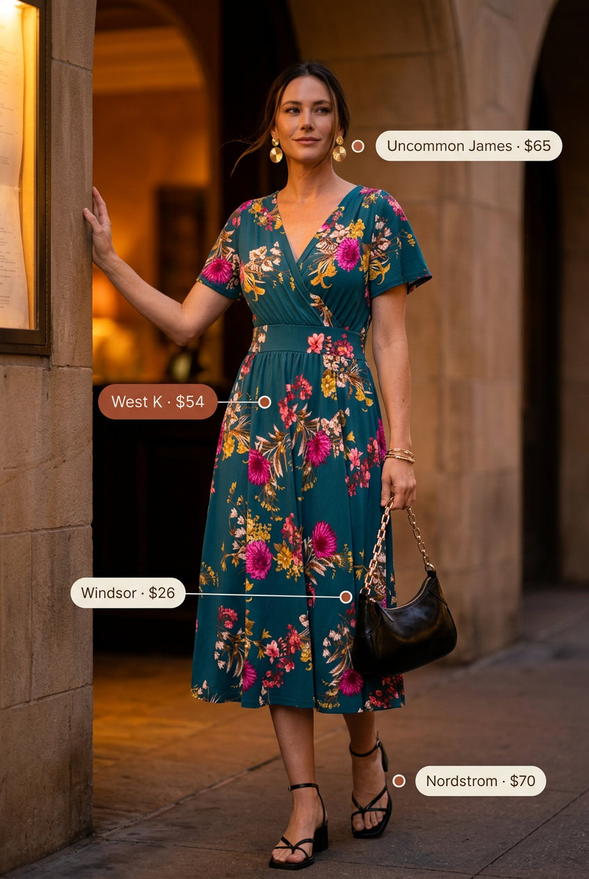 Romantic Summer floral print outfits for women 2026: Teal floral midi wrap dress, black heels & gold earrings for date night.