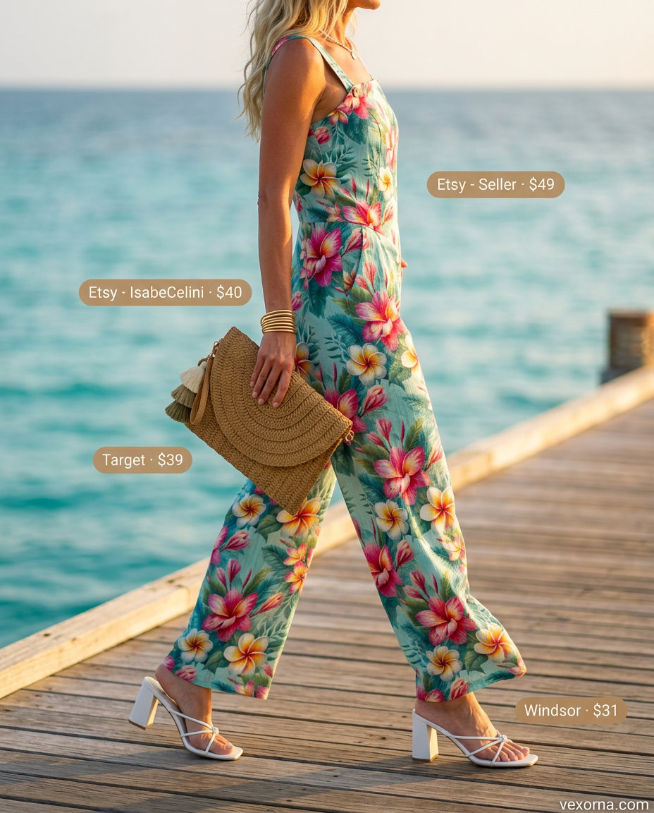 Vibrant Summer floral print outfits for women 2026: Tropical wide-leg jumpsuit, straw clutch & block heels for resort wear.