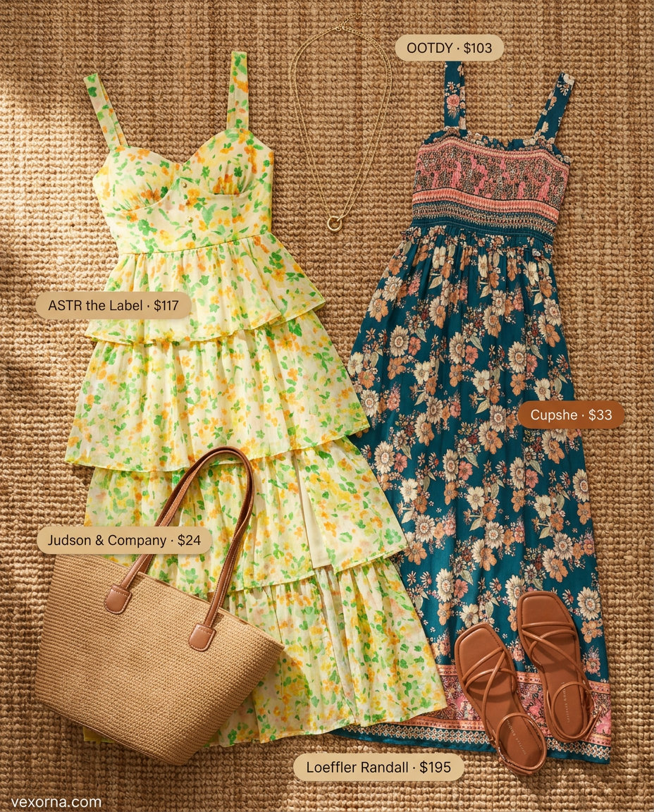 Yellow floral maxi dress, straw tote, gold necklaces for bohemian summer floral print outfits 2026 garden party.