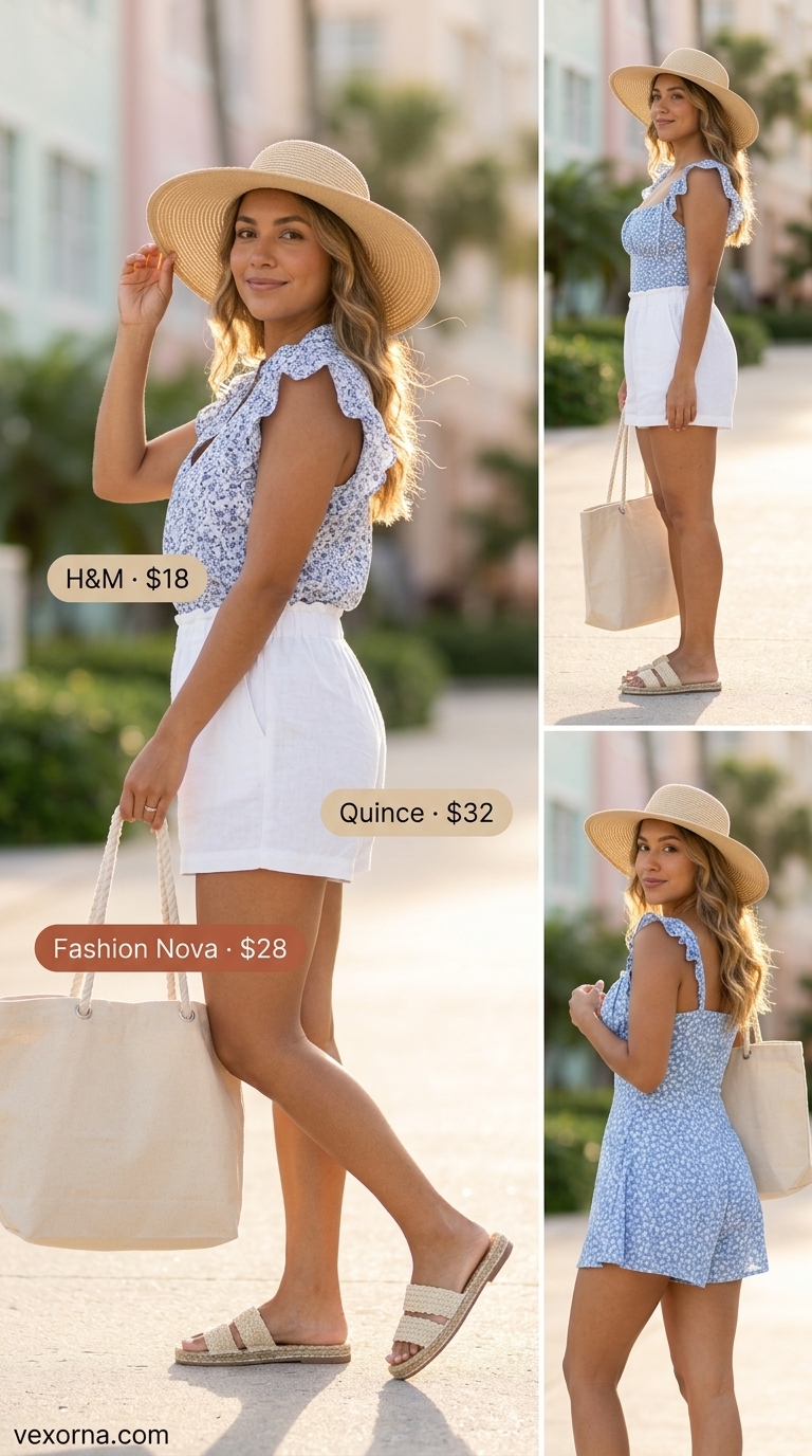Summer floral print outfits for women 2026: Blue and white floral blouse, linen shorts, straw hat, and espadrilles for a beachside walk.