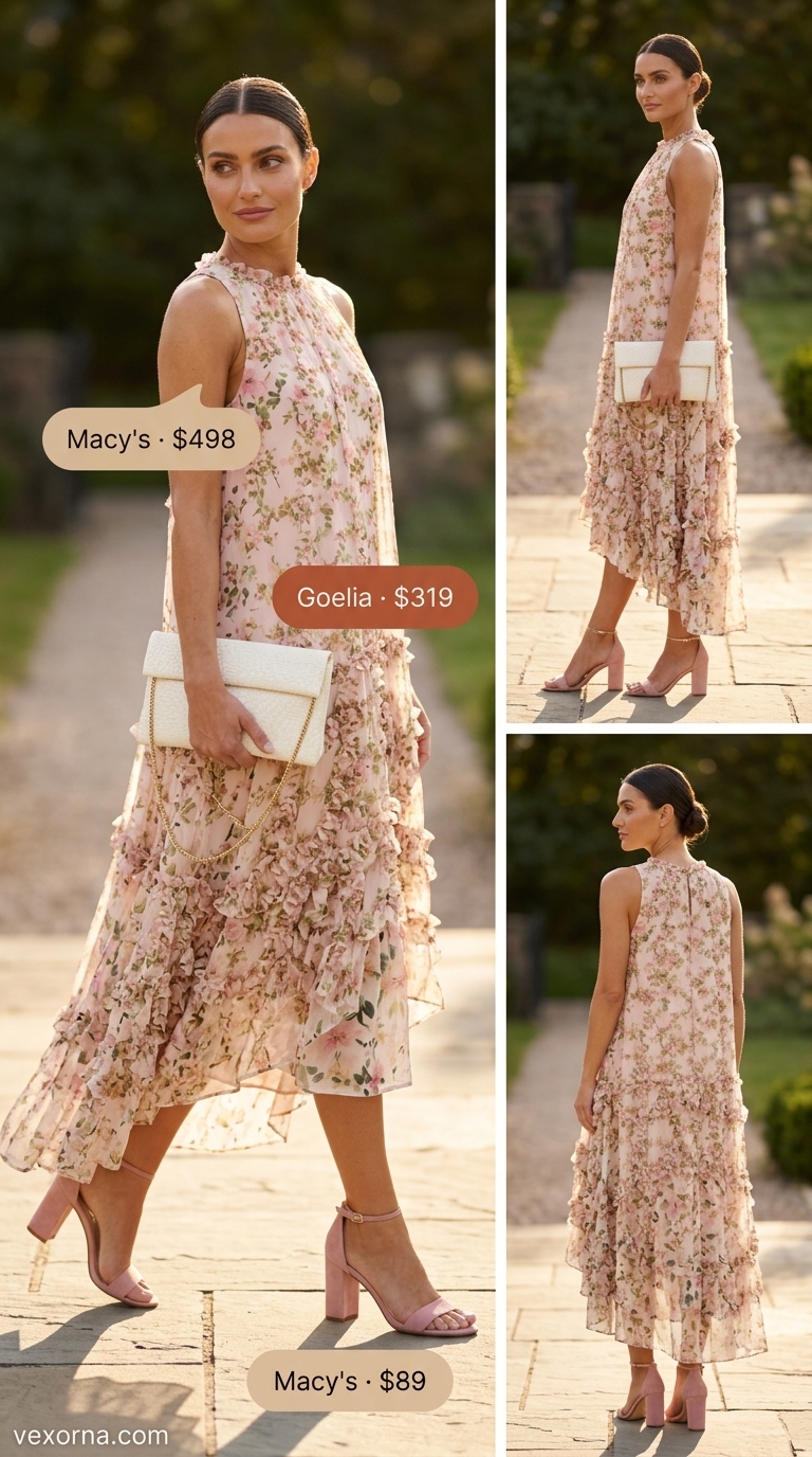 Summer floral print outfits for women 2026: Pastel floral midi wrap dress, blush block heels, and woven clutch for a garden party.