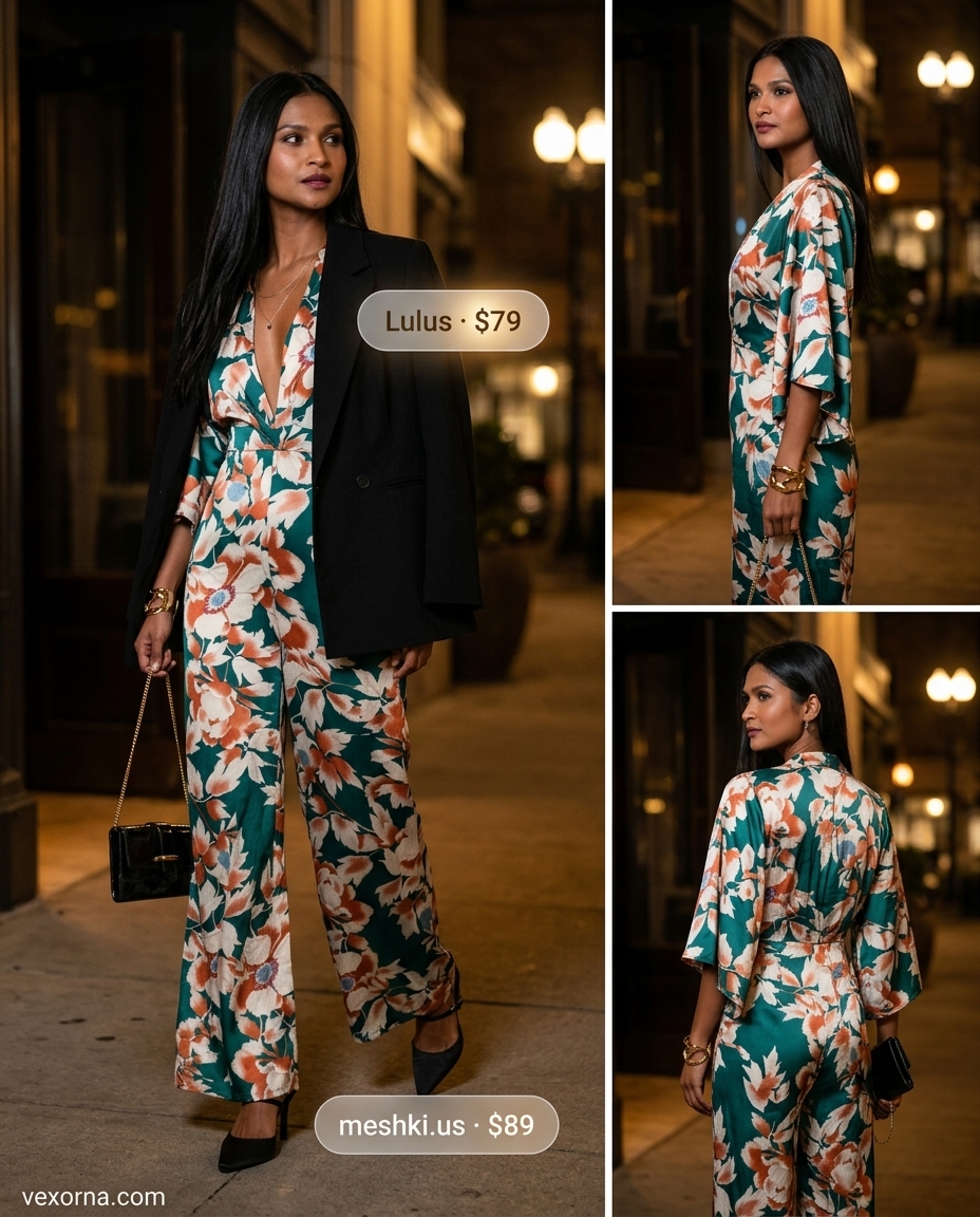Summer floral print outfits for women 2026: Teal floral jumpsuit, black blazer, clutch, and heels for an evening event.