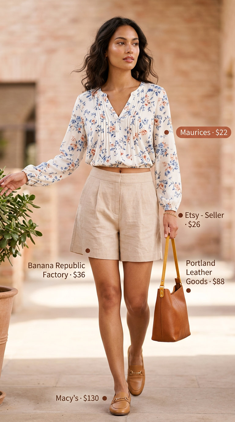 Summer floral print outfits for women 2026: Floral blouse, linen shorts, leather loafers, and shoulder bag for a chic casual look.