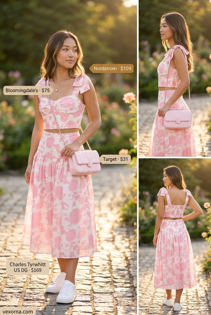 Summer floral print outfits for women 2026: Pastel floral matching set, crossbody bag, and sneakers for a relaxed weekend.