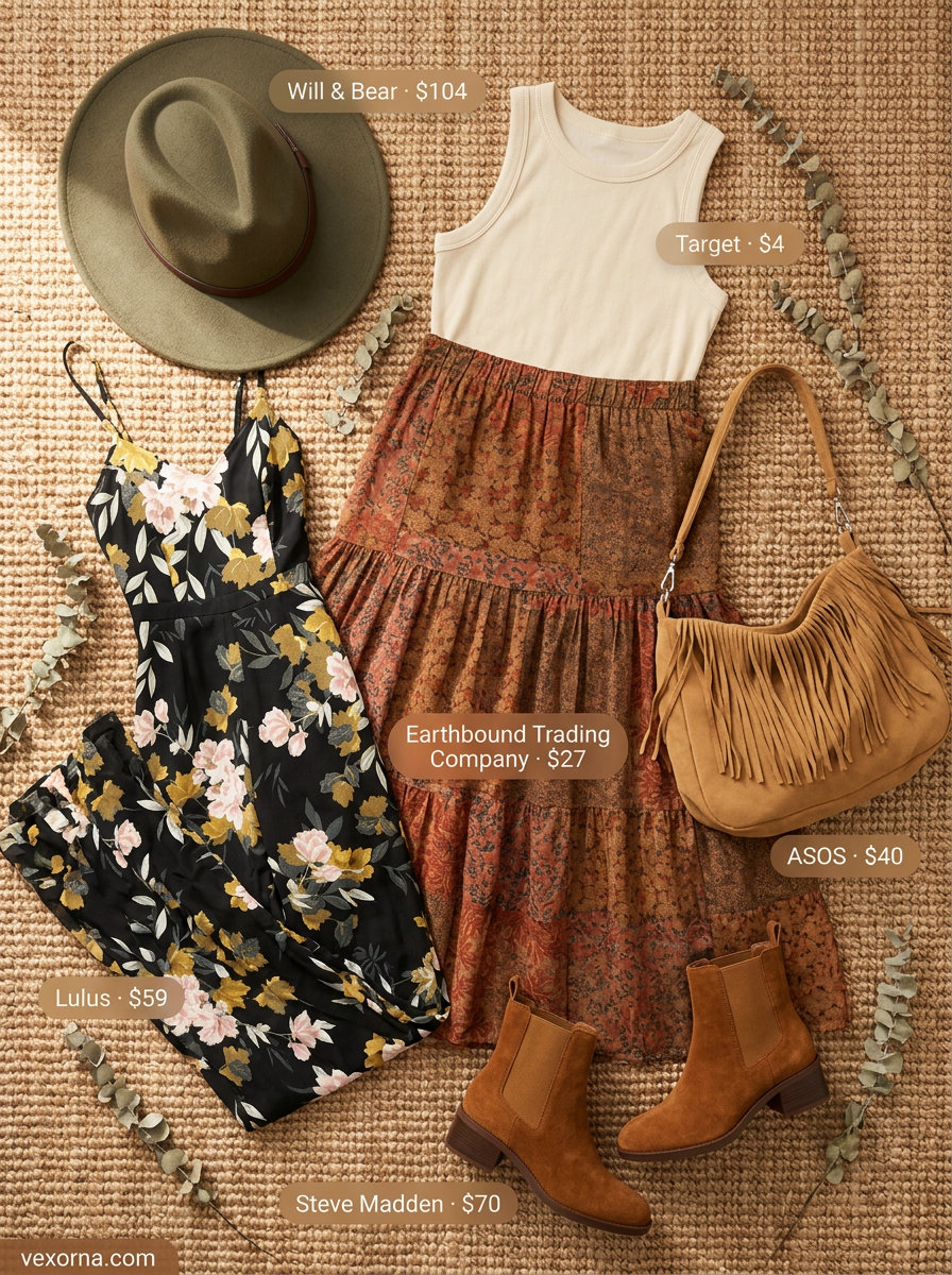 Summer floral print outfits for women 2026: Boho floral maxi skirt, tank top, ankle boots, and hat for a festival look.