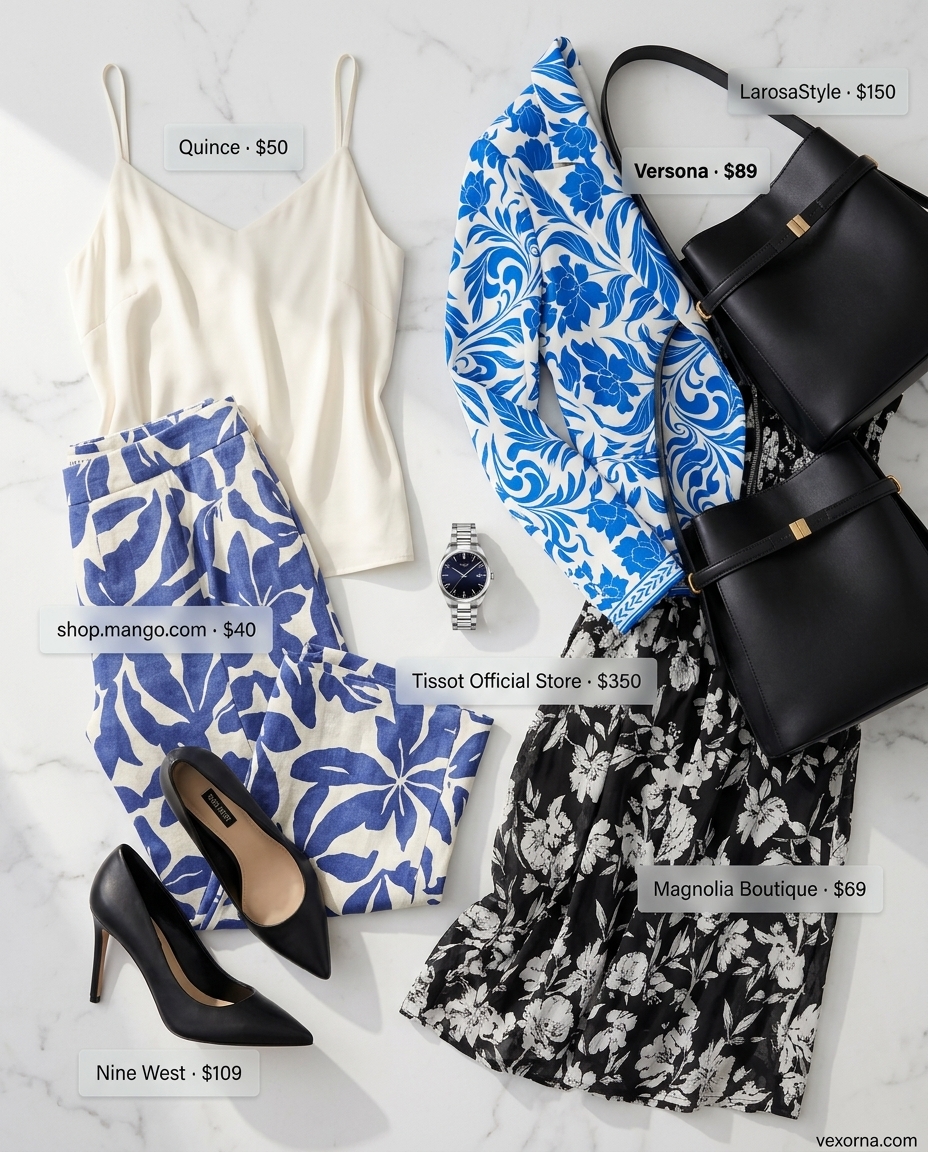 Summer floral print outfits for women 2026: Floral blazer, trousers, camisole, and pumps for sophisticated workwear.