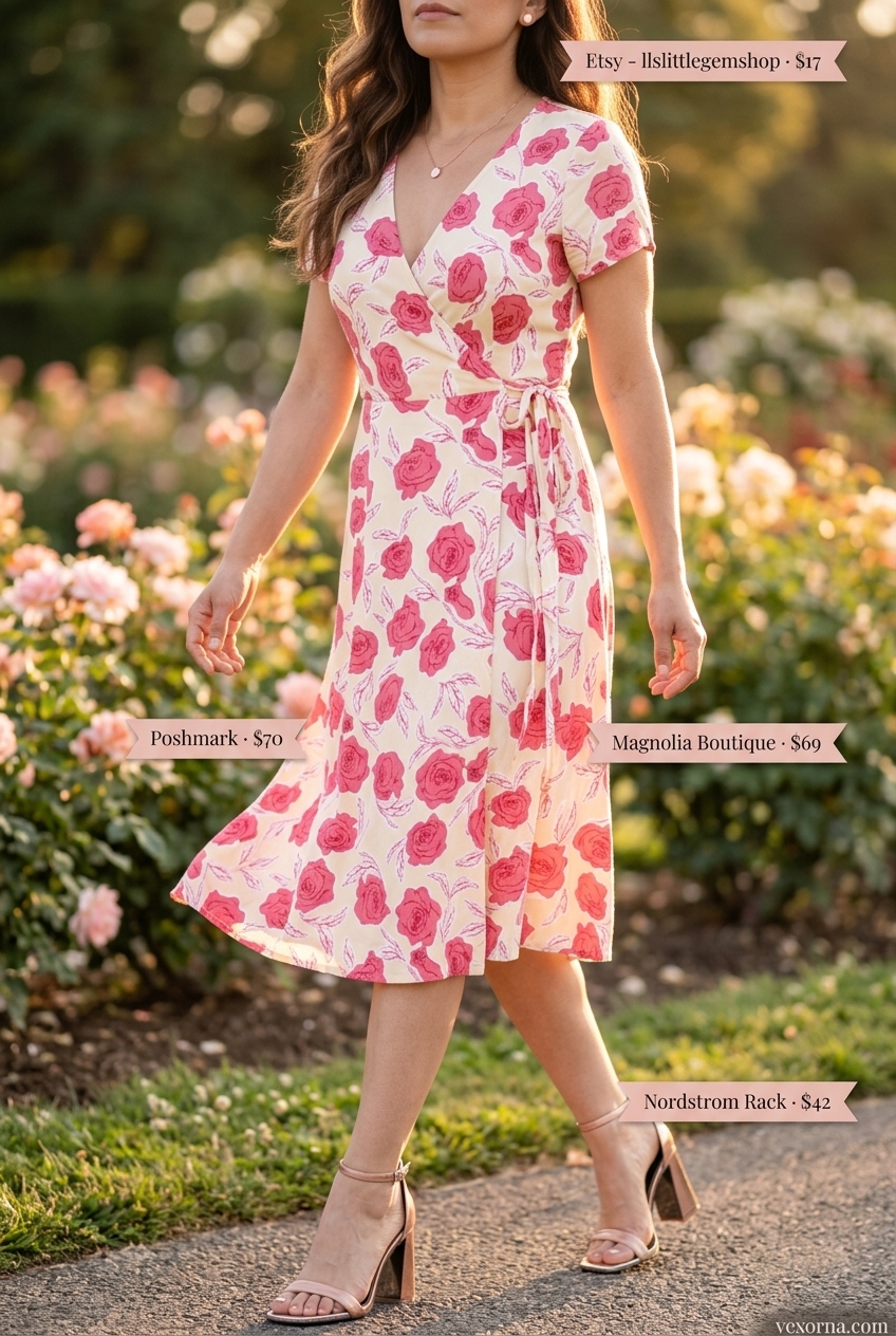 Summer floral print outfits for women 2026: Rose floral midi wrap dress, rose gold sandals, and earrings for a romantic date.