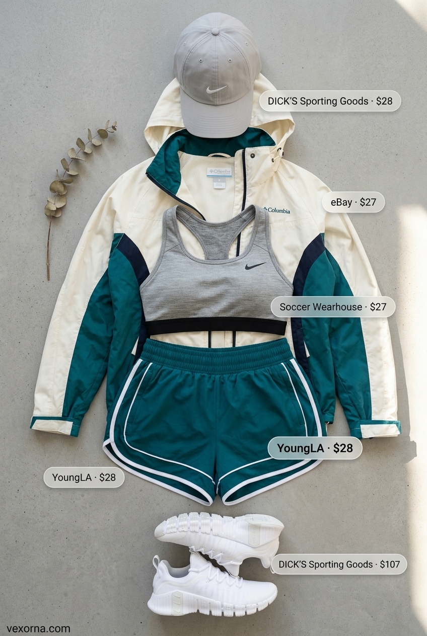 Activewear shorts set with sports bra, windbreaker, and sneakers for a light workout.
