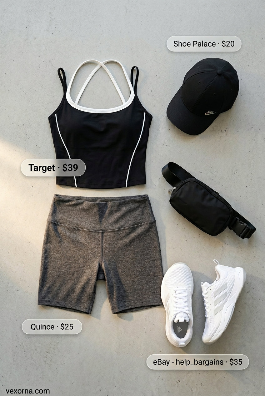 Sporty biker shorts and crop top outfit with sneakers and a belt bag for casual errands.