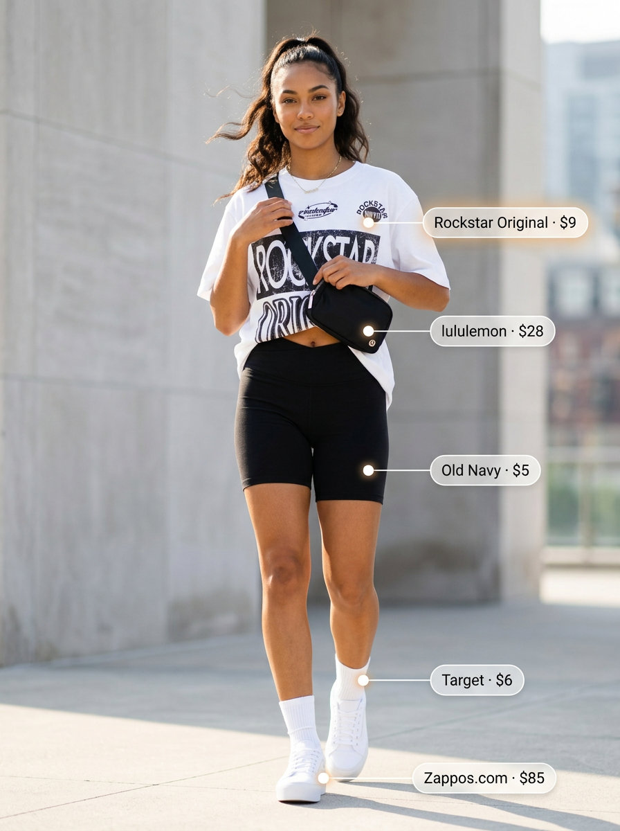Sporty chic biker shorts outfit with oversized graphic tee, sneakers, and belt bag.