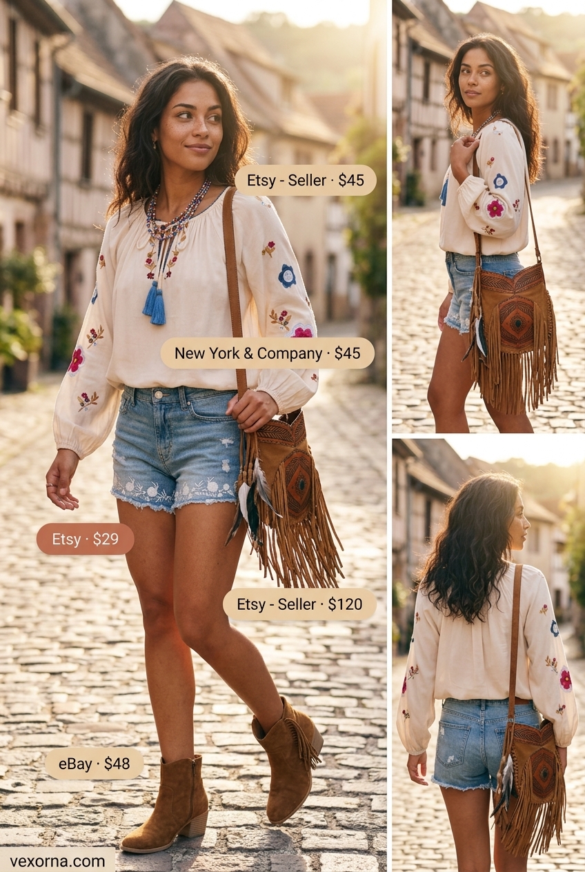 Boho festival outfit with denim shorts, cream peasant blouse, layered necklaces, and suede boots.