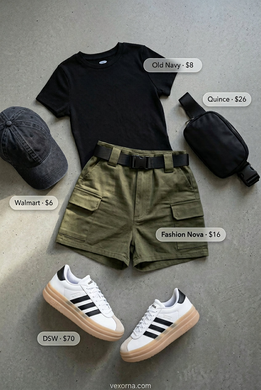 Urban cargo shorts outfit with olive green shorts, black t-shirt, and chunky sneakers.