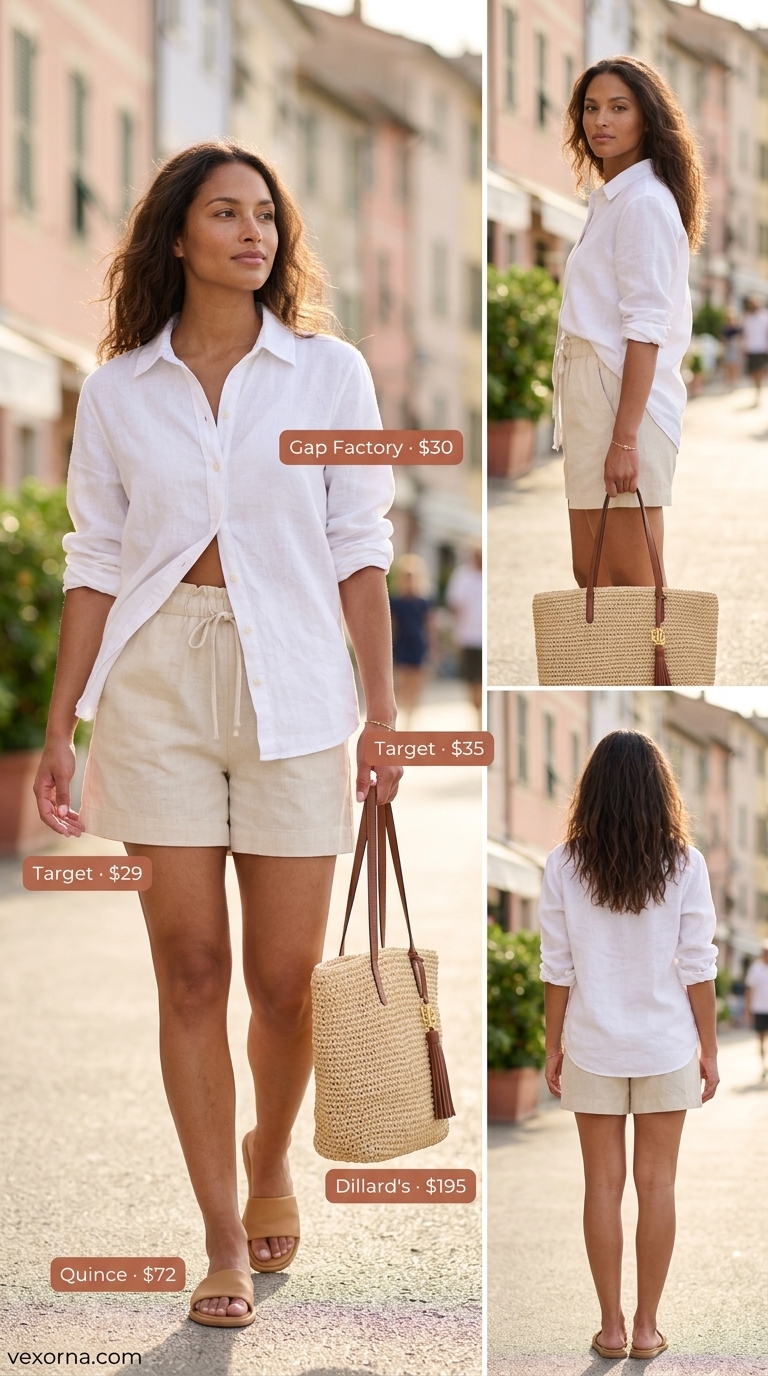 Coastal linen shorts set with oversized white shirt, straw tote, and leather slides.