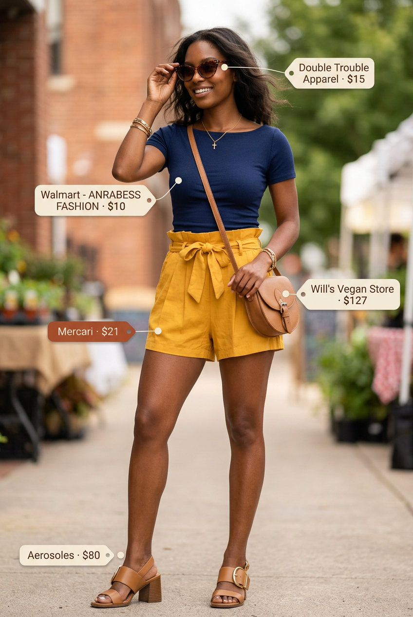 Retro paperbag shorts outfit with mustard yellow shorts, navy top, and block heels.